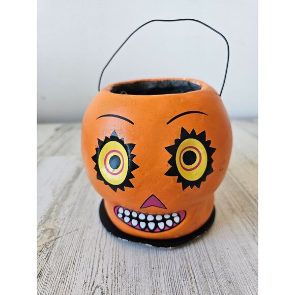 Paper mache pumpkin basket vintage style shabby chic jack-o'-lantern Halloween d - Picture 1 of 7